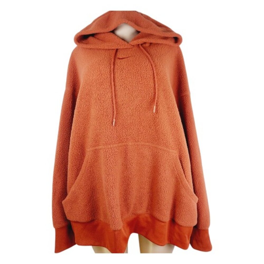 Nike Women's Tangerine Orange Centre Swoosh Sherpa Fleece Pullover Hoodie Sz 2X